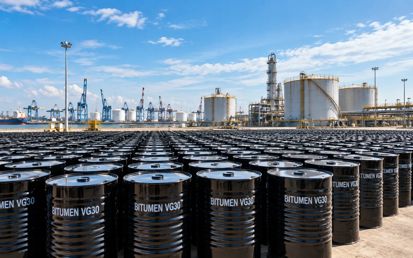 Rows of black VG30 bitumen drums in a port yard with storage tanks behind