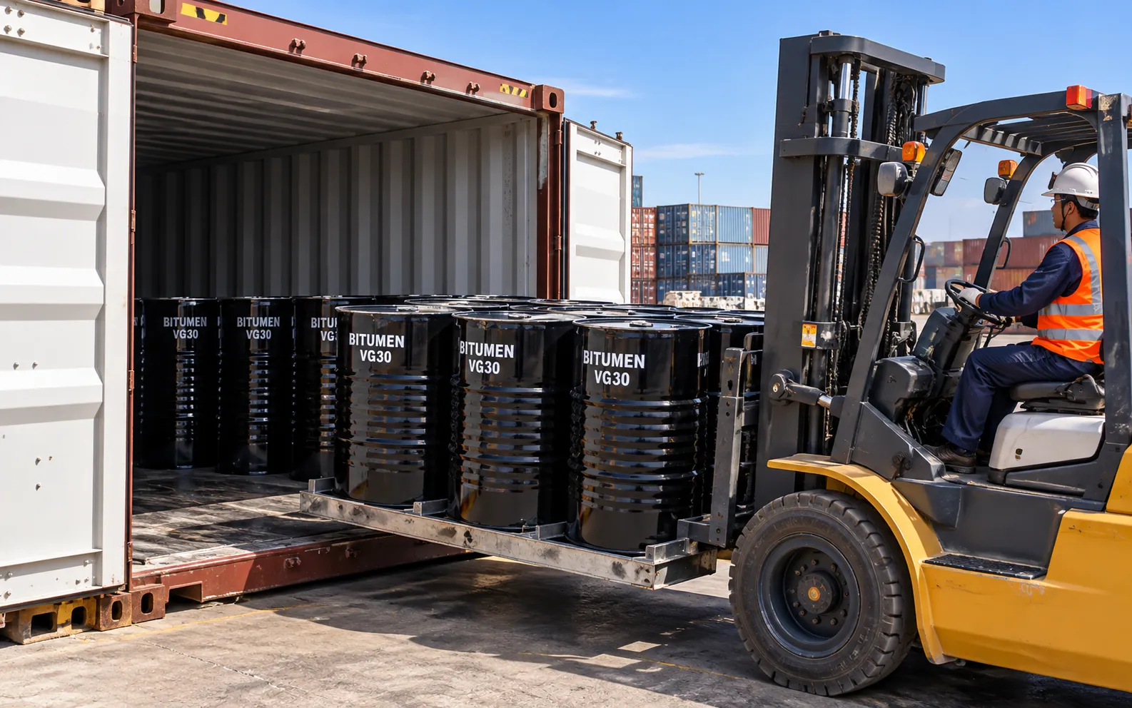 Forklift loading bitumen drums into a shipping container