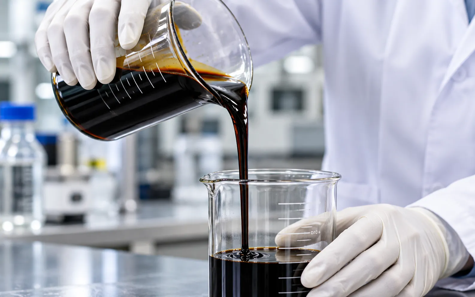Technician in gloves pouring dark fuel oil into a laboratory beaker