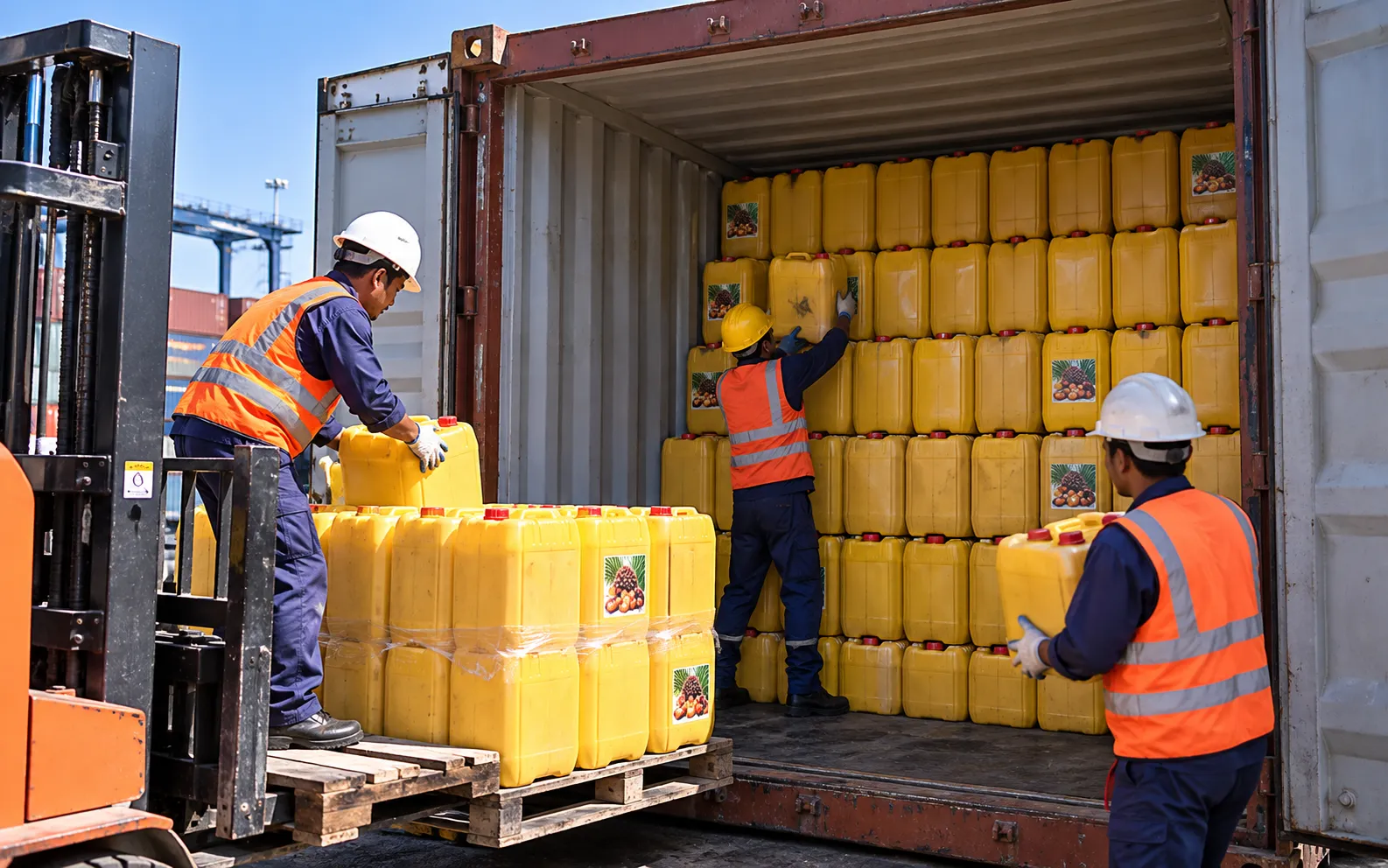 Workers loading yellow jerry cans of palm oil into a container at the port