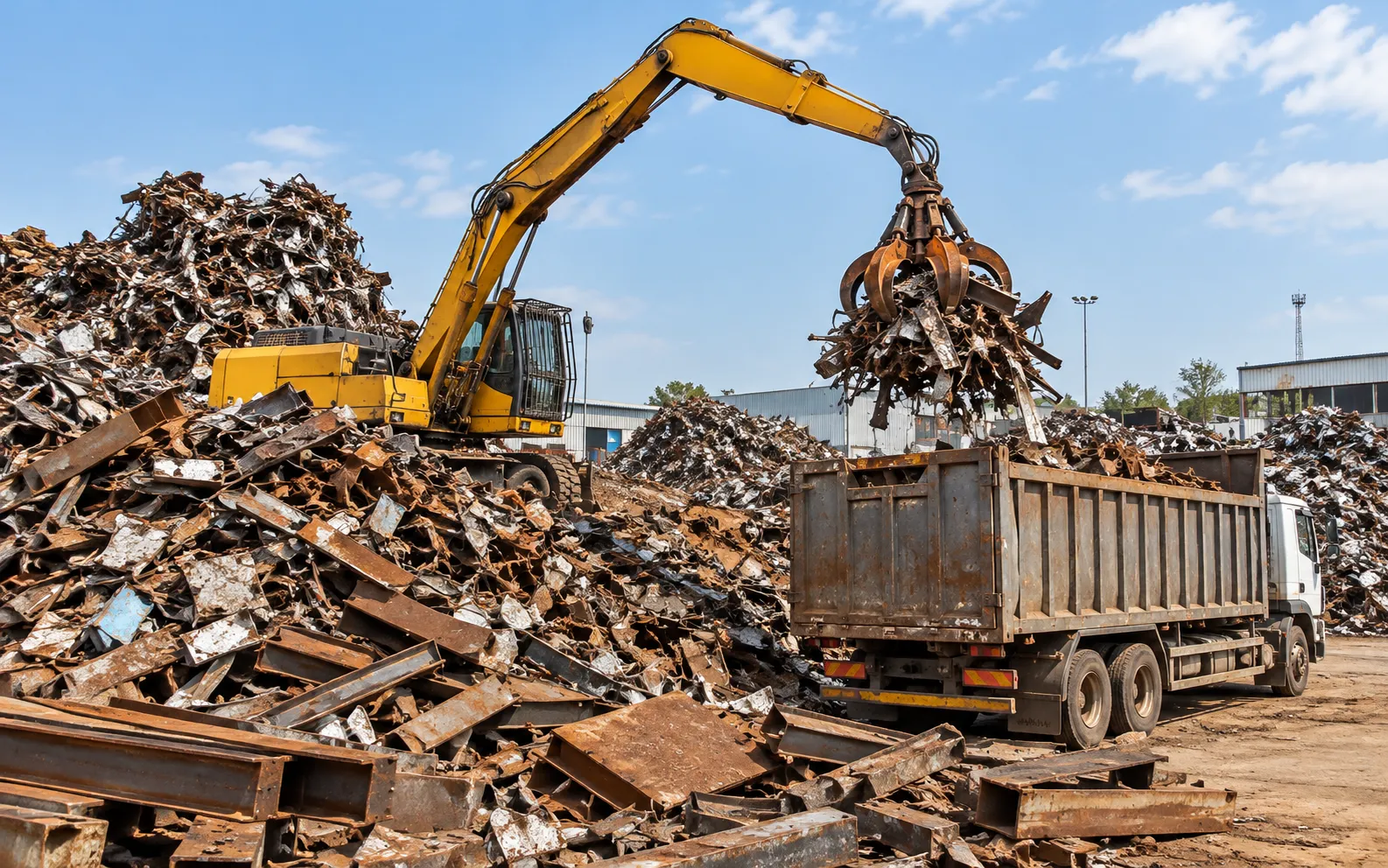 Excavator with grab loading scrap metal into a truck
