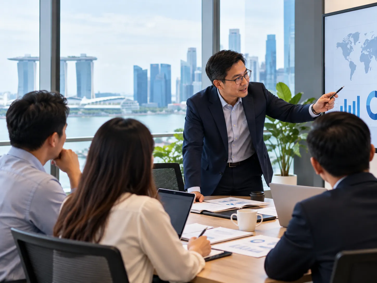 Team meeting in an office overlooking the Singapore waterfront